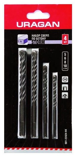 URAGAN STORM 4шт: d 5-6-8-10мм набор сверл по бетону с шестигранным хвостовиком