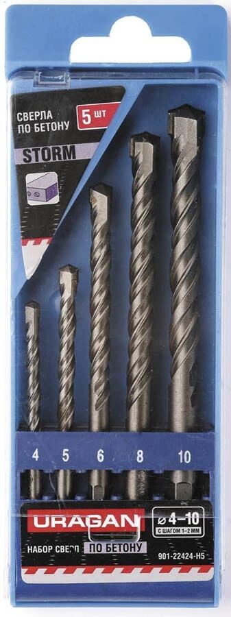URAGAN STORM 5шт: d 4-5-6-8-10мм набор сверл по бетону с шестигранным хвостовиком