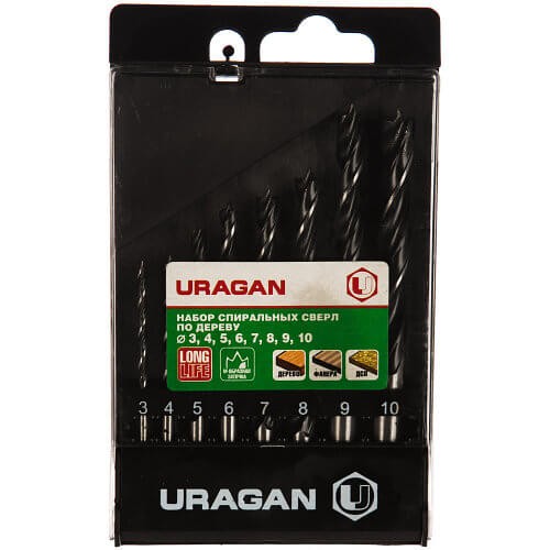 URAGAN 8 шт., 3-4-5-6-7-8-9-10 мм, набор спиральных сверл по дереву
